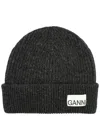 Ganni Logo Ribbed Wool-blend Beanie In Grey