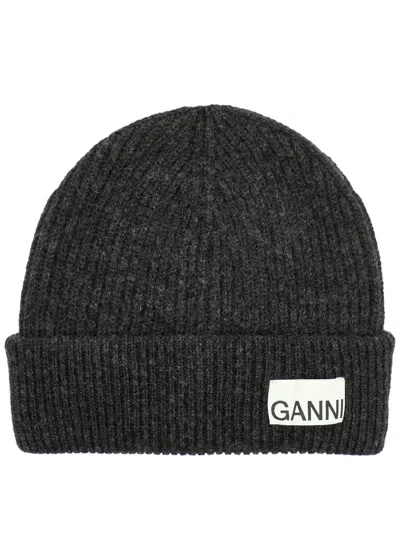 Ganni Logo Ribbed Wool-blend Beanie In Black