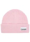 Ganni Logo Ribbed Wool-blend Beanie In Pink
