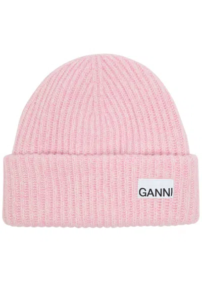 GANNI GANNI LOGO RIBBED WOOL-BLEND BEANIE