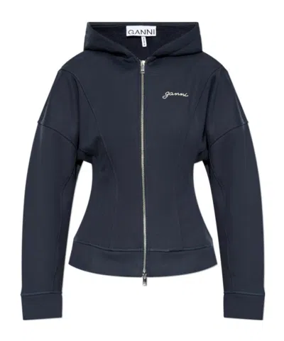 GANNI GANNI LOGO EMBROIDERED ZIPPED HOODIE