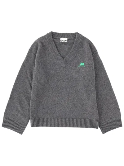 Ganni Grey Logo V Neck Sweater In Gray