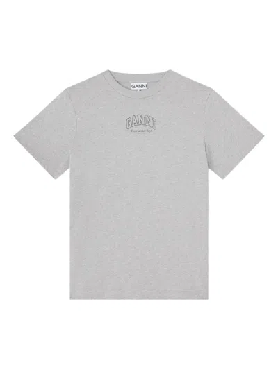 Ganni Logo Crew Neck Relaxed Fit T Shirt In Gray