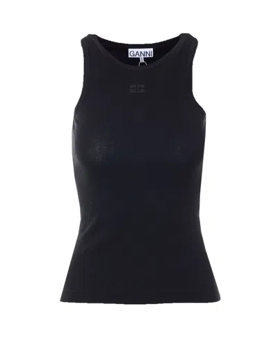 Ganni Logo Tank Top In Black
