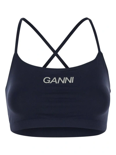 Ganni Logo-print Crop Top In Blue