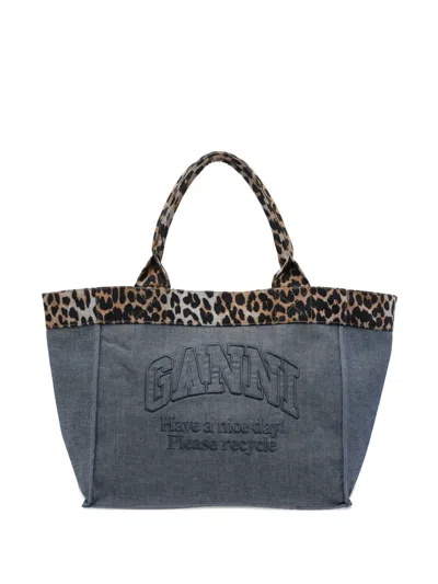 Ganni Logo Detailed Reversible Medium Tote Bag In Blue