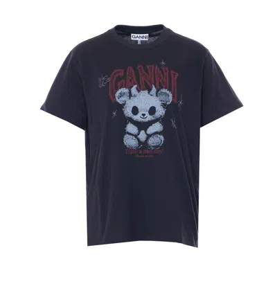 Ganni Graphic Logo Printed Crewneck T-shirt In Blue
