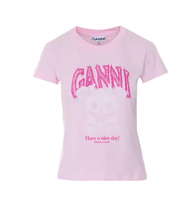 Ganni Logo T-shirt With Bear Print In Pink