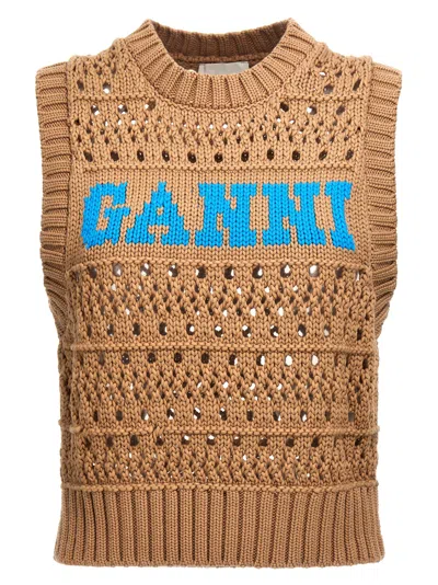 Ganni Beige Cropped Vest With Logo