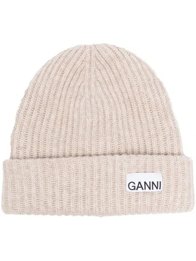 Ganni Logo Wool Beanie In Neutral