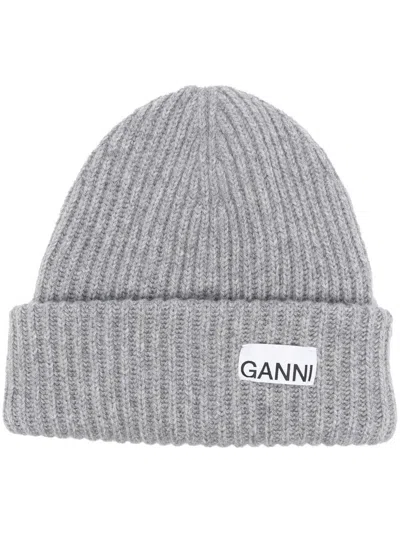 Ganni Logo Wool Beanie In Gray