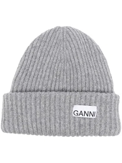 Ganni Logo Wool Beanie In Grey