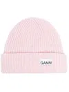 Ganni Logo Wool Beanie In Pink