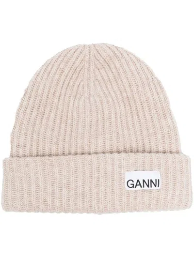 Ganni Logo Wool Beanie In Sand
