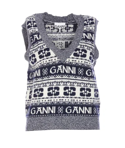 Ganni Logo Wool Mix Vest In Blue