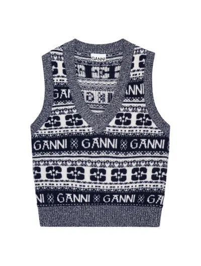 Ganni Logo Wool Mix Vest In Sky Captain