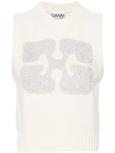 Ganni Glittery-logo Sleeveless Vest In White