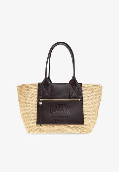 Ganni Logo Woven-raffia Tote Bag In Sand