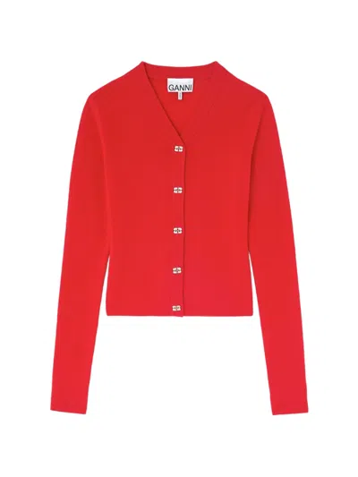 Ganni Logo-button V-neck Cardigan In Red