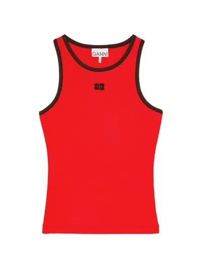 Ganni Logo-detail Tank Top In Red