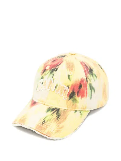 Ganni Logo-embroidered Cap In Yellow
