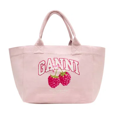 Ganni Logo-embroidered Cotton Tote Bag In Pink