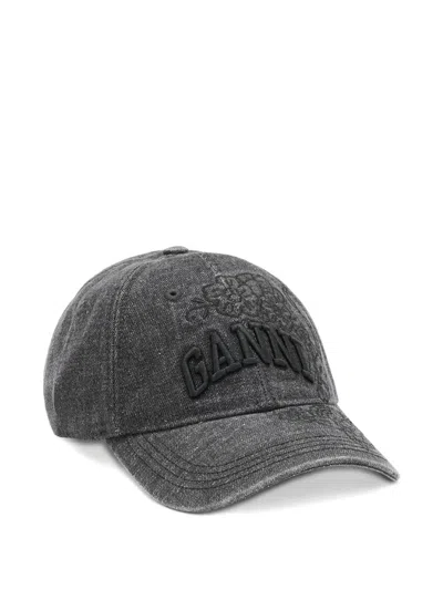 Ganni B3020214 Embroidered Denim Baseball Cap In Gray