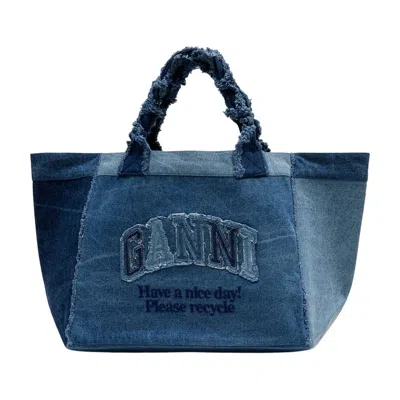 Ganni Logo-embroidered Denim Tote Bag In Blue