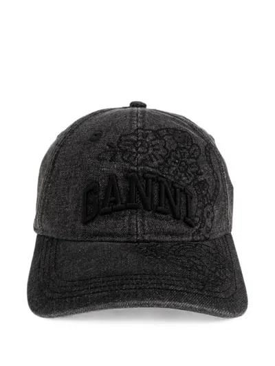 Ganni Logo-embroidered Floral-detail Baseball Cap In Blue