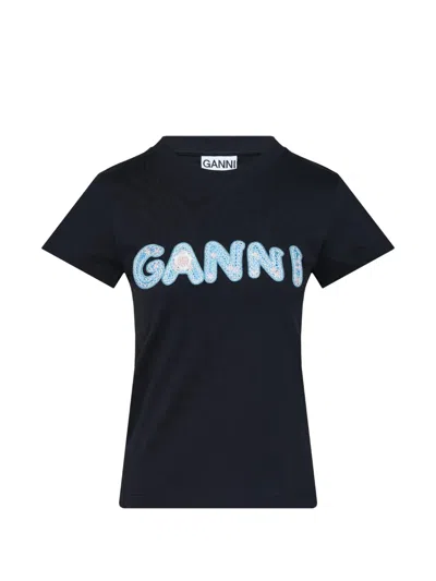 Ganni Logo-embroidered T-shirt In Black