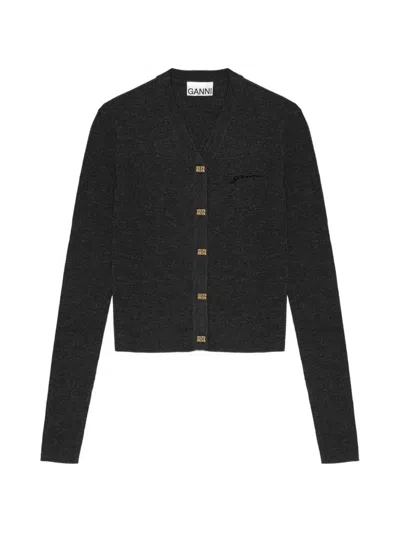 Ganni Logo-embroidered V-neck Cardigan In Gray