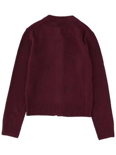 Ganni Logo-embroidered Wool Blend Cardigan In Burgundy
