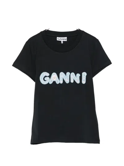Ganni Logo Embroidery Baby Fit T-shirt In Black
