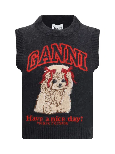 Ganni Logo-graphic Wool Vest In Black