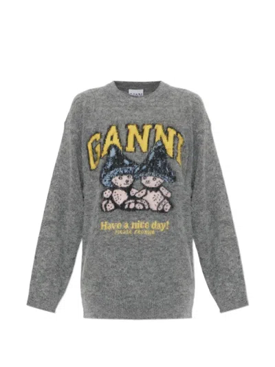 Ganni Logo-intarsia Knitted Sweater In 그레이