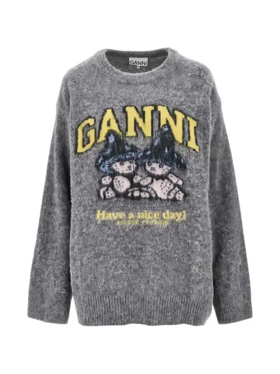 Ganni Logo-intarsia Knitted Sweater In Grey