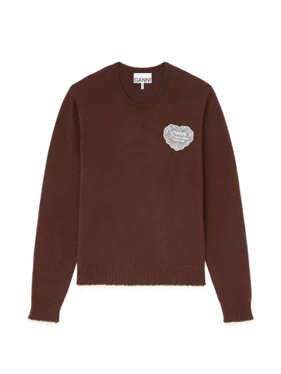 Ganni Logo-patch Crochet-trim Sweater In Burgundy