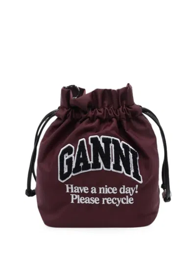 Ganni Logo-patch Drawstring Bucket Bag In Brown