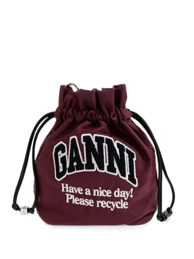 Ganni Logo-patch Drawstring Bucket Bag In Burgundy