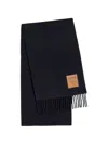 Ganni Logo-patch Fringed Scarf In Blue