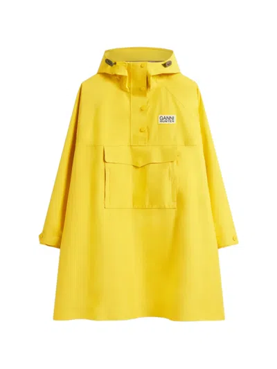 Ganni Logo-patch Hooded Cape In Yellow