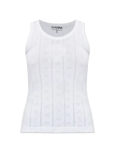 Ganni Logo-patch Pointelle-knit Top In White