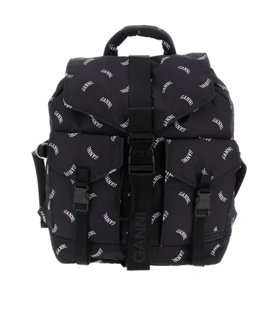 Ganni Logo-print Buckle Backpack In Black