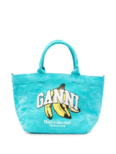 Ganni Logo-print Tote Bag In Blue