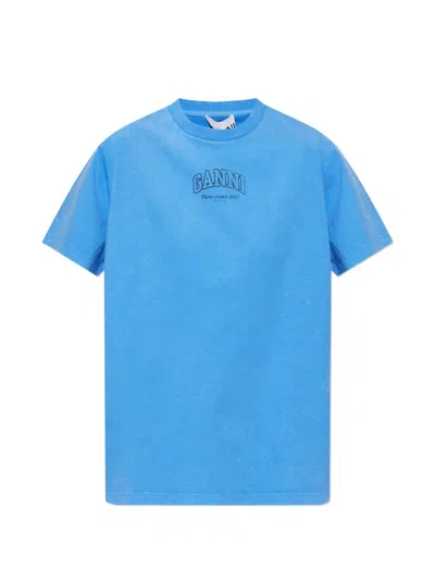 Ganni Logo-print Cotton T-shirt In Blue