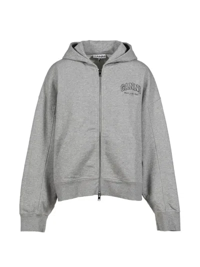 Ganni Logo-print Zip-up Hoodie In Black