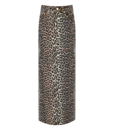 Ganni Long Denim Skirt With Leopard Print In Braun