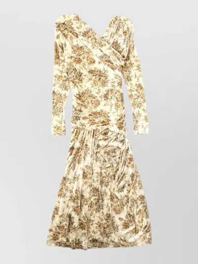 Ganni Long Dress Asymmetric Neckline Floral Pattern In White