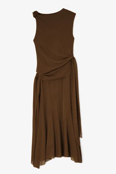 Ganni Marl Mesh Draped Knot Detailing Long Dress In Brown