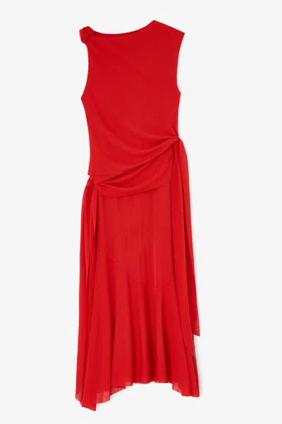 Ganni Marl Asymmetric Draped Gauze Midi Dress In Red